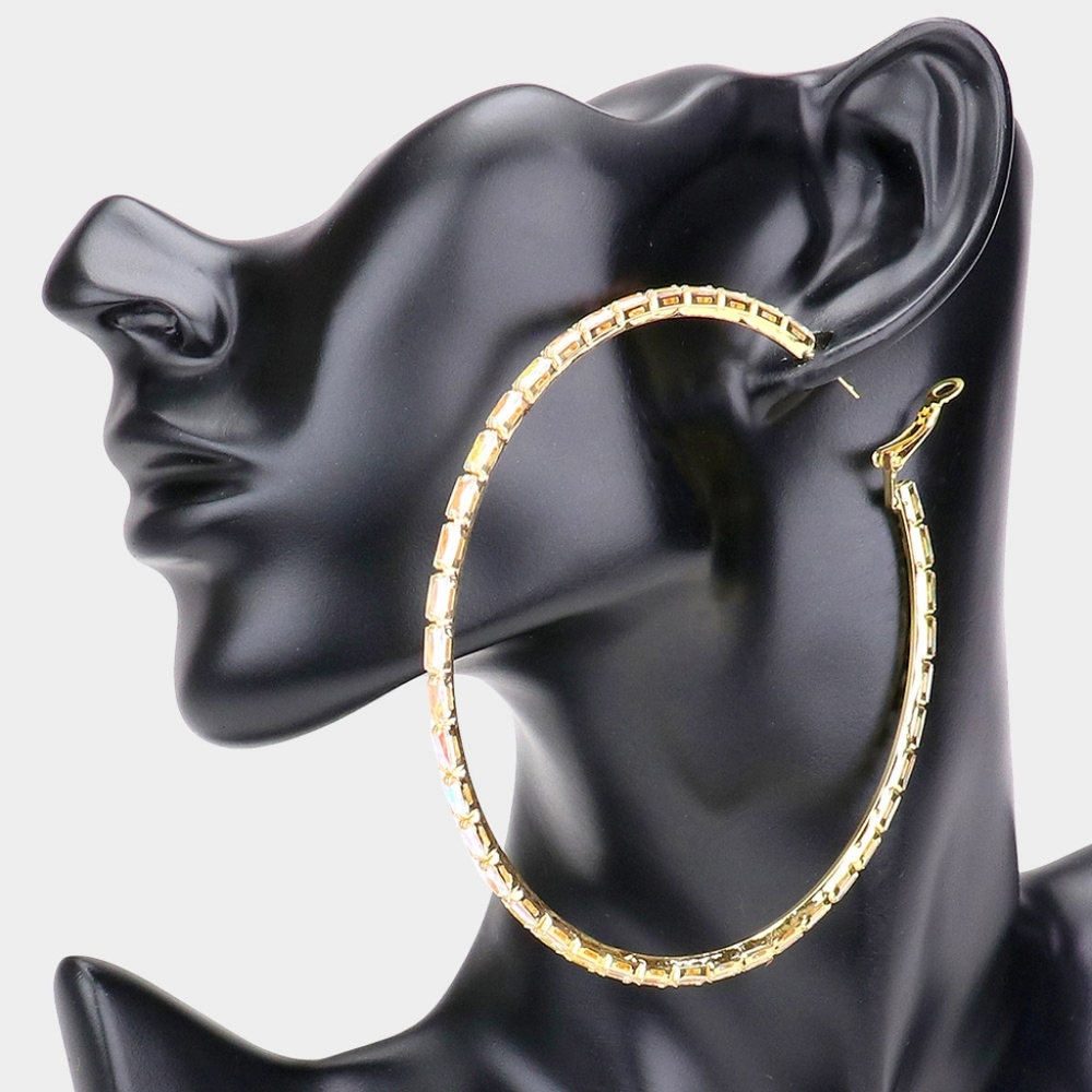 Gold Crystal 3.4" Rectangle Stone Round Big Hoop Earrings Rhinestone Bling